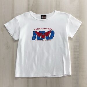 HARLEY DAVIDSON baby tee crop white shirt 100 year anniversary bling L